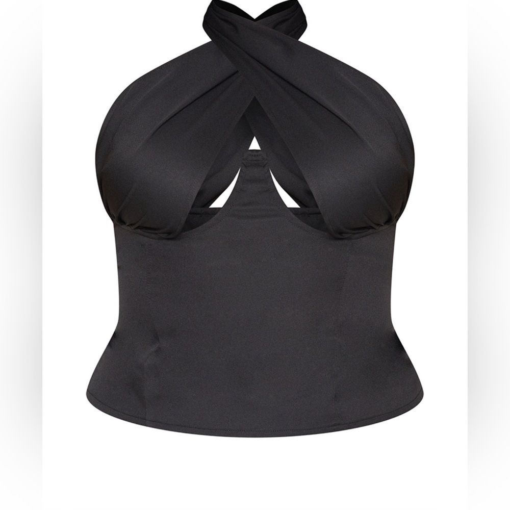 Pretty Little Thing Plus Size Women’s Black Woven Cross Over Zip Top US 24 - Picture 2 of 5